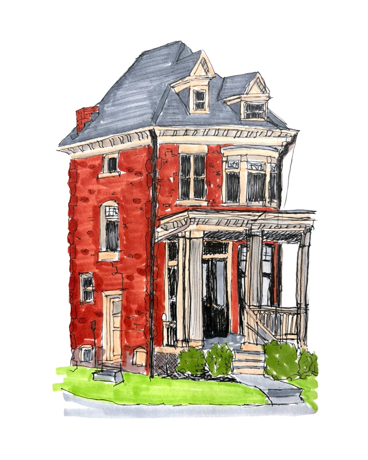 Hand-drawn ink and marker portrait of a red-brick Victorian house