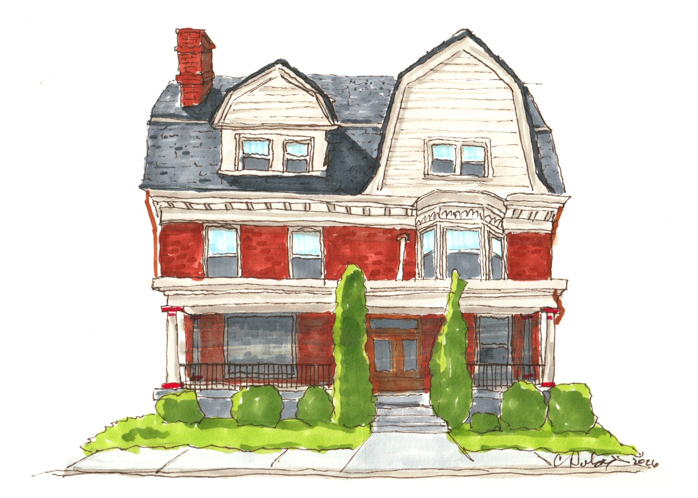 Hand-drawn ink and marker portrait of a three-story Victorian house