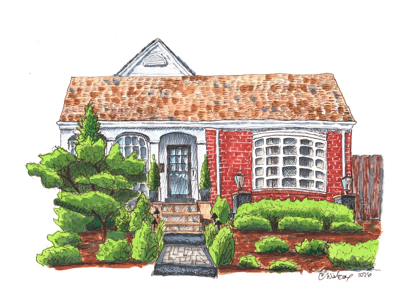 Hand-drawn ink and marker portrait of a brick cottage with an arched door and bay window