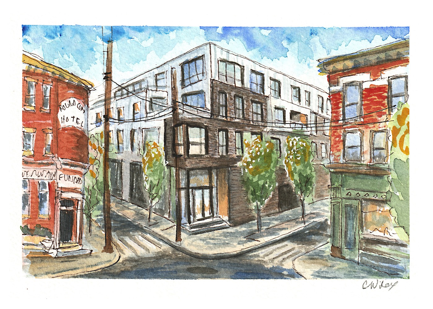 Hand-drawn ink and watercolor illustration of the Lawrenceville Lofts on a street corner, with the Round Corner Hotel across the way