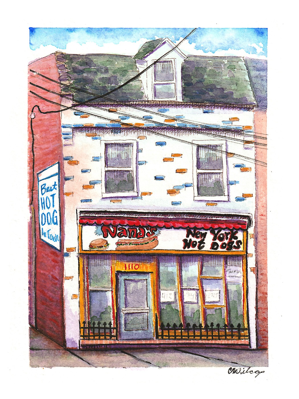 Hand-drawn ink and watercolor illustration of Nana's New York Hot Dogs, a two-story storefront with a red awning