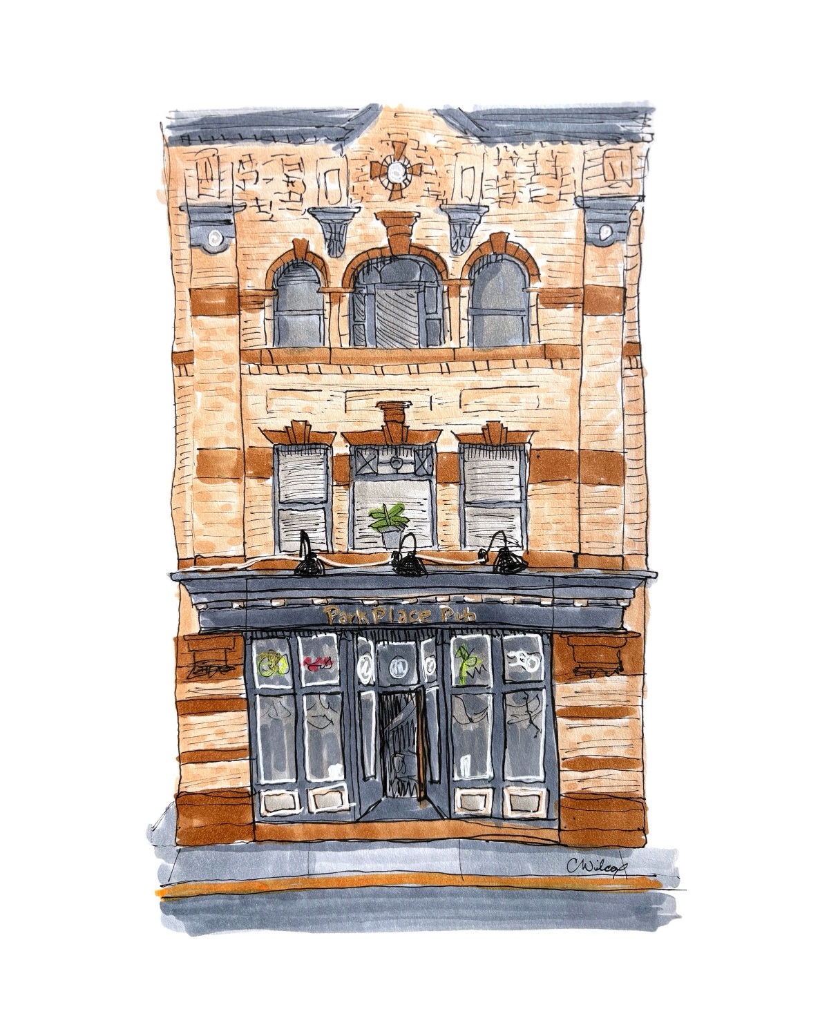 Hand-drawn ink and marker illustration of Park Place Pub