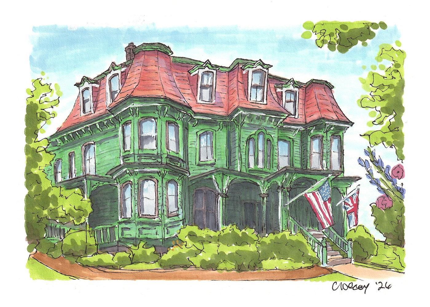 Hand-drawn ink and marker portrait of the Queen Victoria Inn, a green Second Empire Victorian