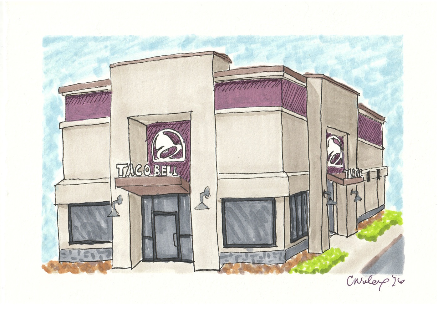 Hand-drawn ink and marker illustration of a Taco Bell storefront