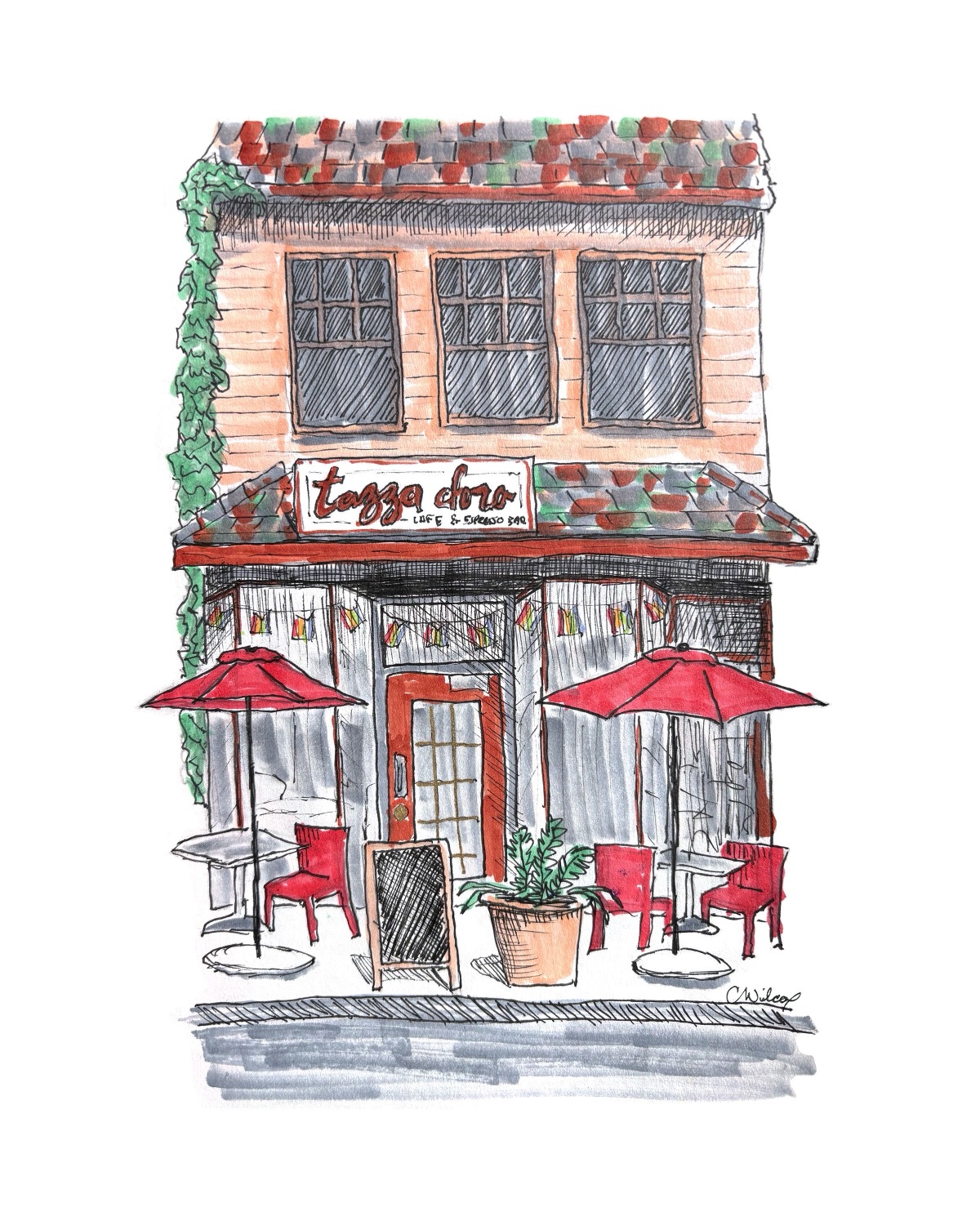 Hand-drawn ink and marker illustration of Tazza D'oro coffee shop