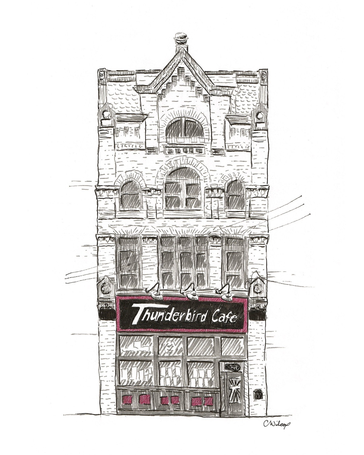 Hand-drawn ink and marker illustration of the Thunderbird Cafe and Music Hall