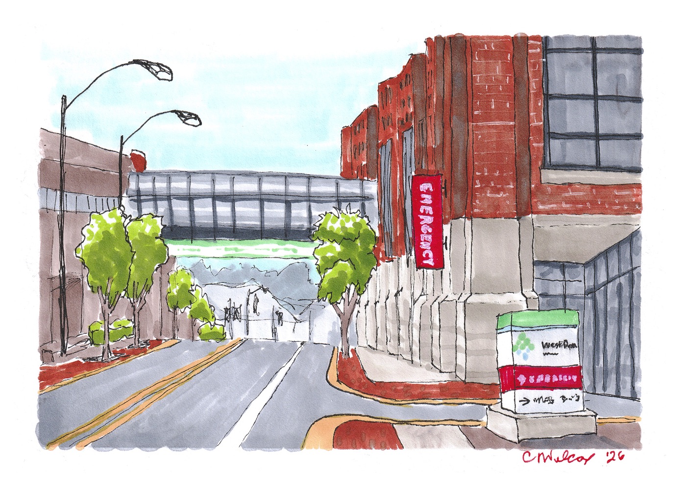 Hand-drawn ink and marker illustration of the West Penn Hospital emergency entrance and street