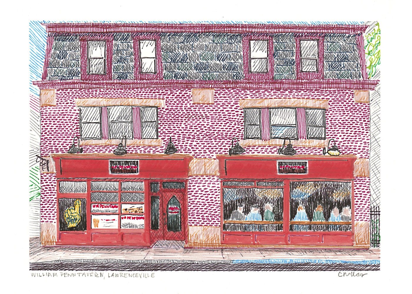 Hand-drawn ink and colored pen illustration of the red brick storefront of the William Penn Tavern in Lawrenceville